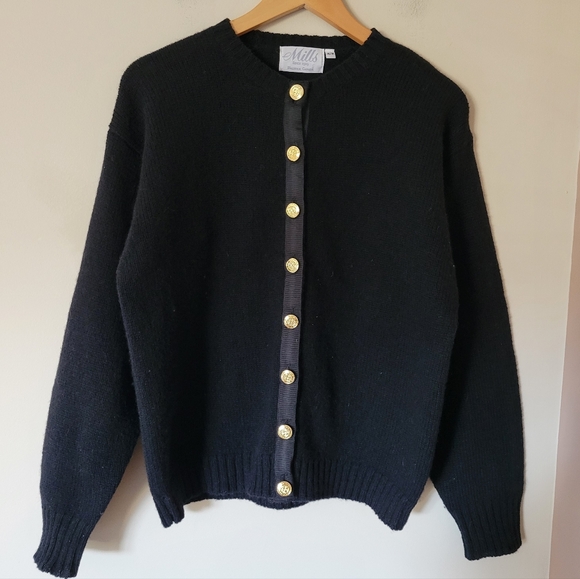 Vintage Sweaters - Vintage Wool Women's Black Knit Cardigan Sweater Gold Button Classic Size M